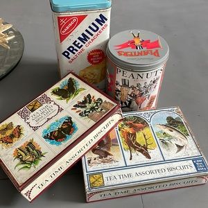Vtg Lot of Metal Tins Tea Animals Saltine Crackers Planters Peanuts Butterflies
